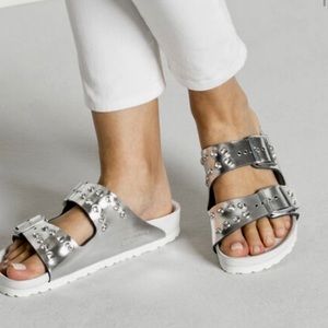 New with tags. Birkenstock Arizona metallic silver Swarovski crystal diamonds